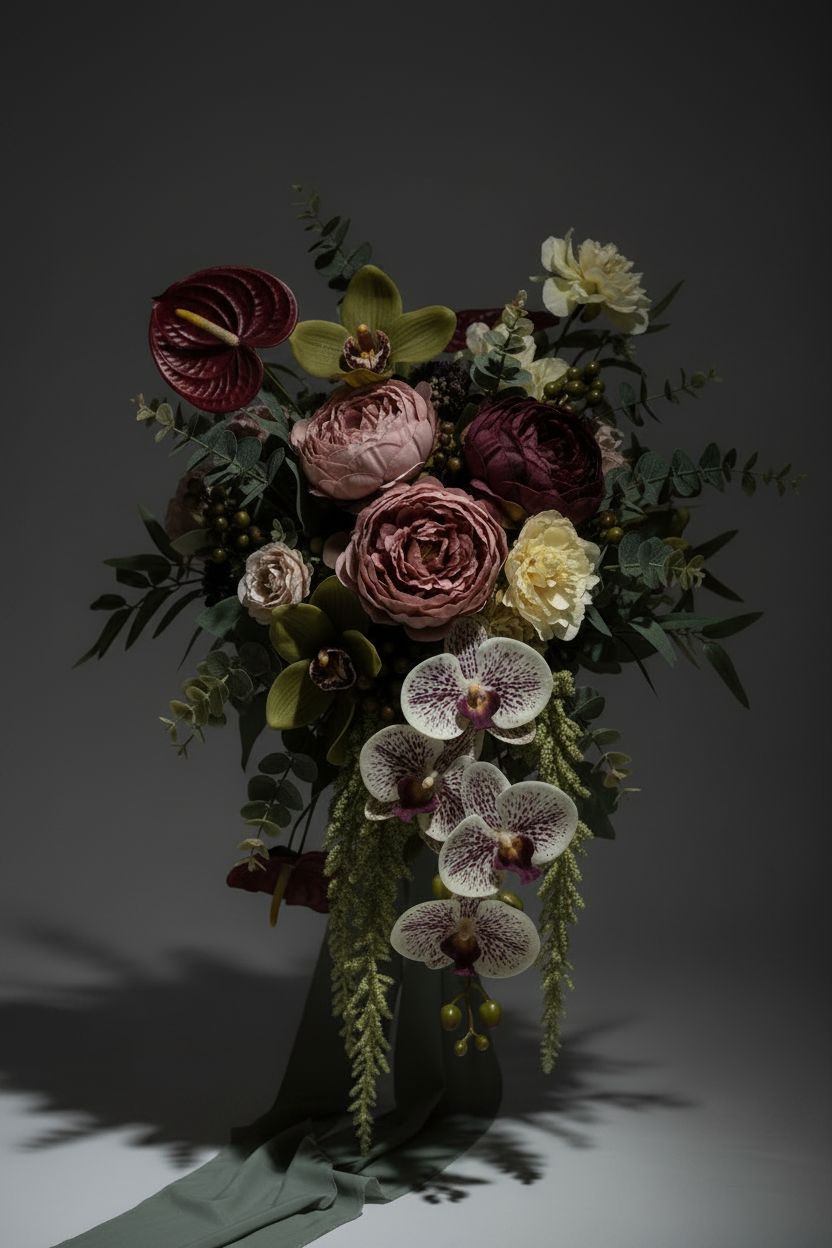 Dramatic Mulberry Cottage artificial wedding bouquet featuring deep red anthurium, dark plum peonies and trailing amaranthus — Boutique Bouquets