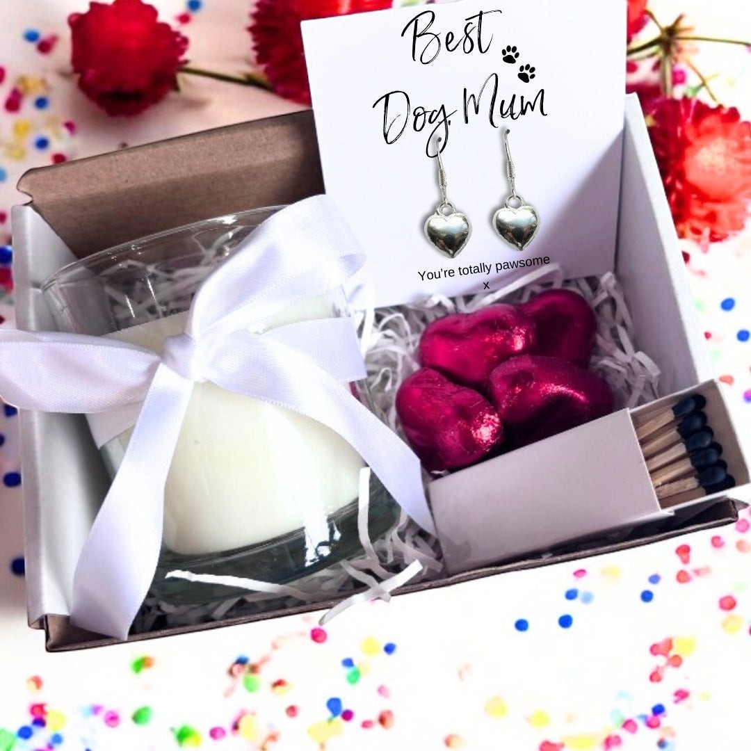 Small Best Dog Mum Gift Hamper Heart Earrings Chocolates & Candle