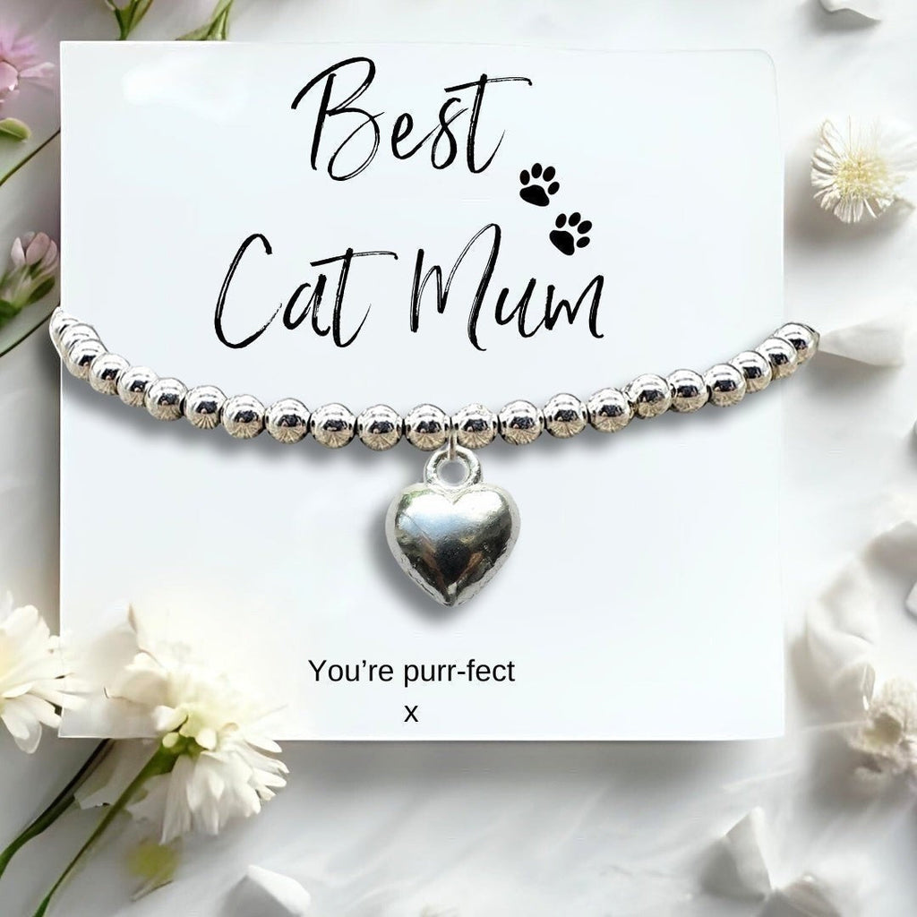 Best Cat Mum Mini Gift Hamper Silver Heart Bracelet