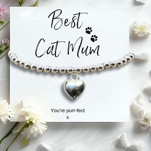Best Cat Mum Mini Gift Hamper Silver Heart Bracelet