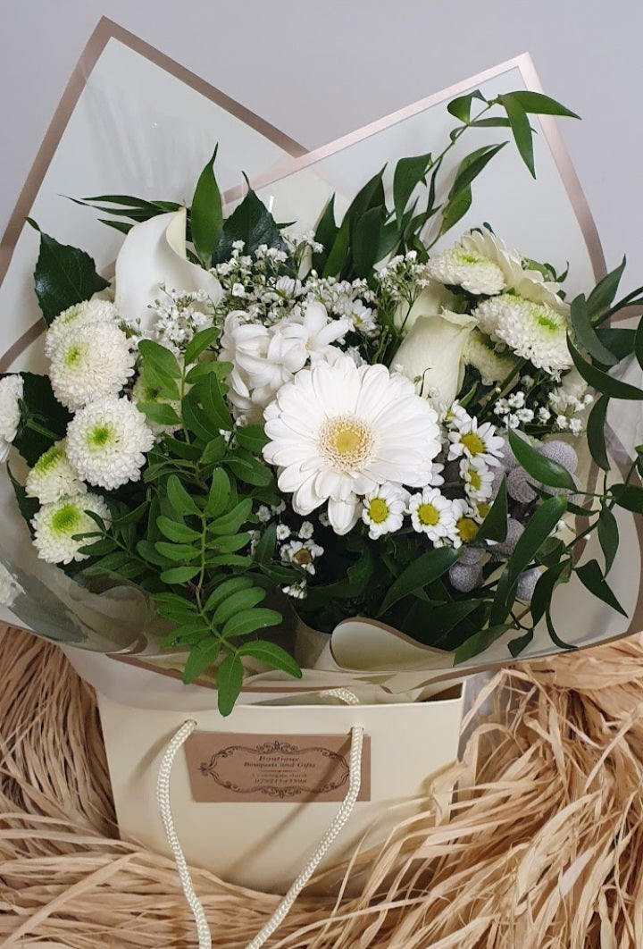 Hand tied birthday bouquet neutrals