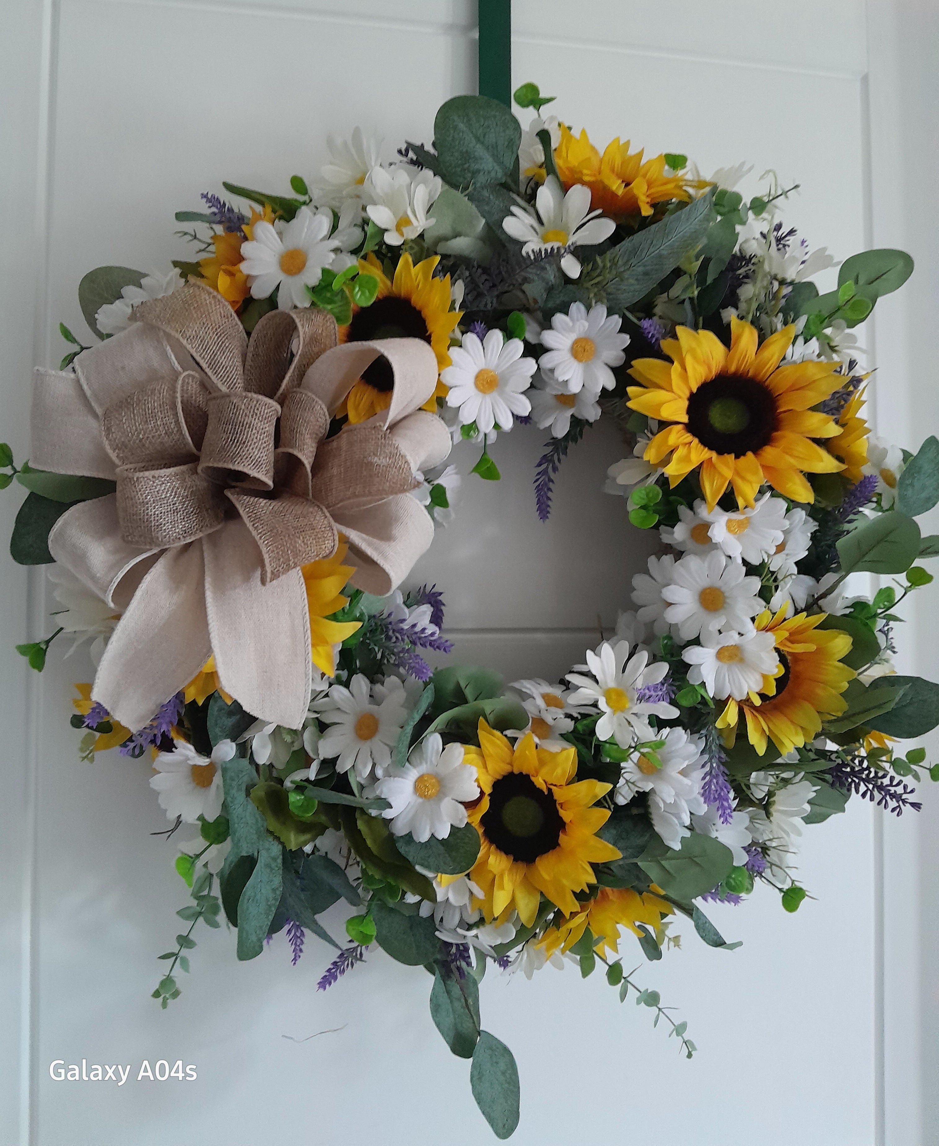 Sunflower & Daisy Door Wreath with Burlap Bow – 50cm