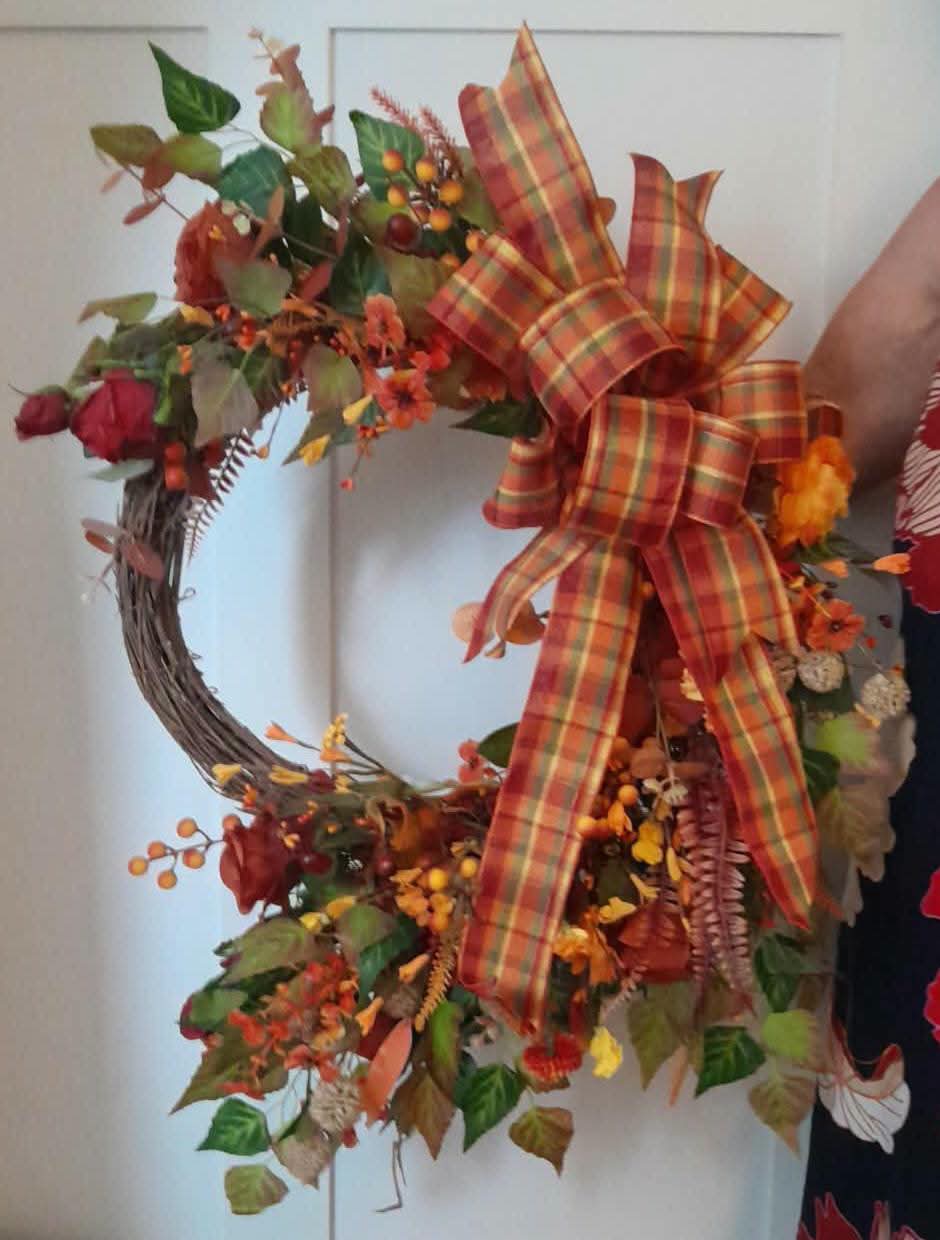 The Golden Canopy Wreath - front view with plaid bow