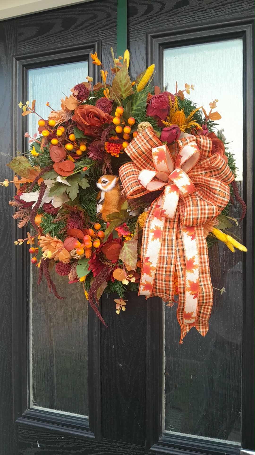 Harvest Fox Autumn Wreath - angled view showing rich autumn florals and plaid bow