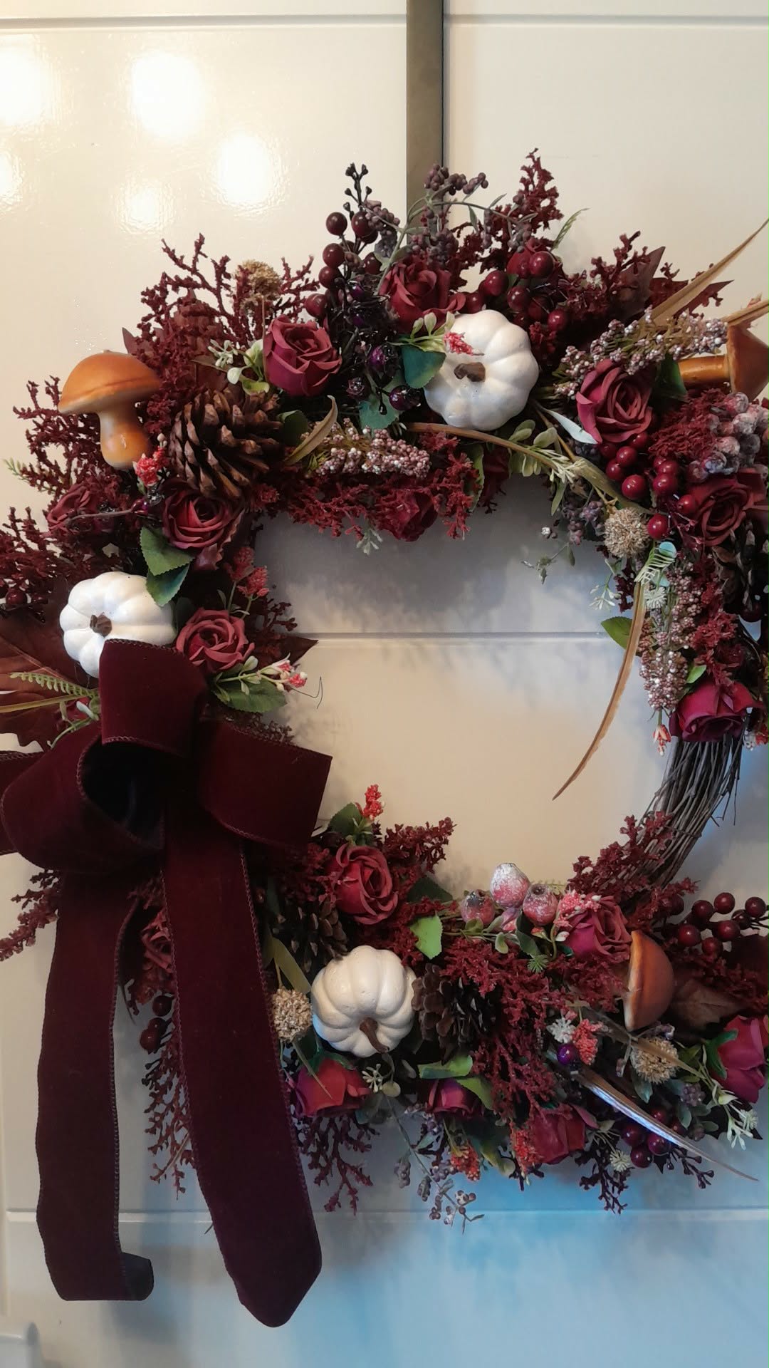 Burgundy Harvest Autumn Wreath full view on 18 inch willow base