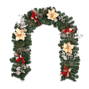 6ft spruce Christmas garland with champagne magnolia flowers pinecones and red ribbon bows festive decoration