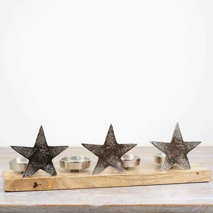 Triple star tea light candle holder on natural wooden base 46cm Christmas centrepiece decoration