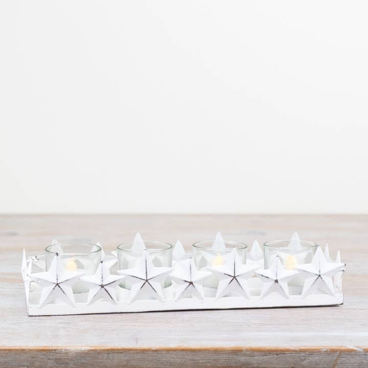 Whitewash metal star tea light holder 28.5cm with glass votive cups Christmas decoration