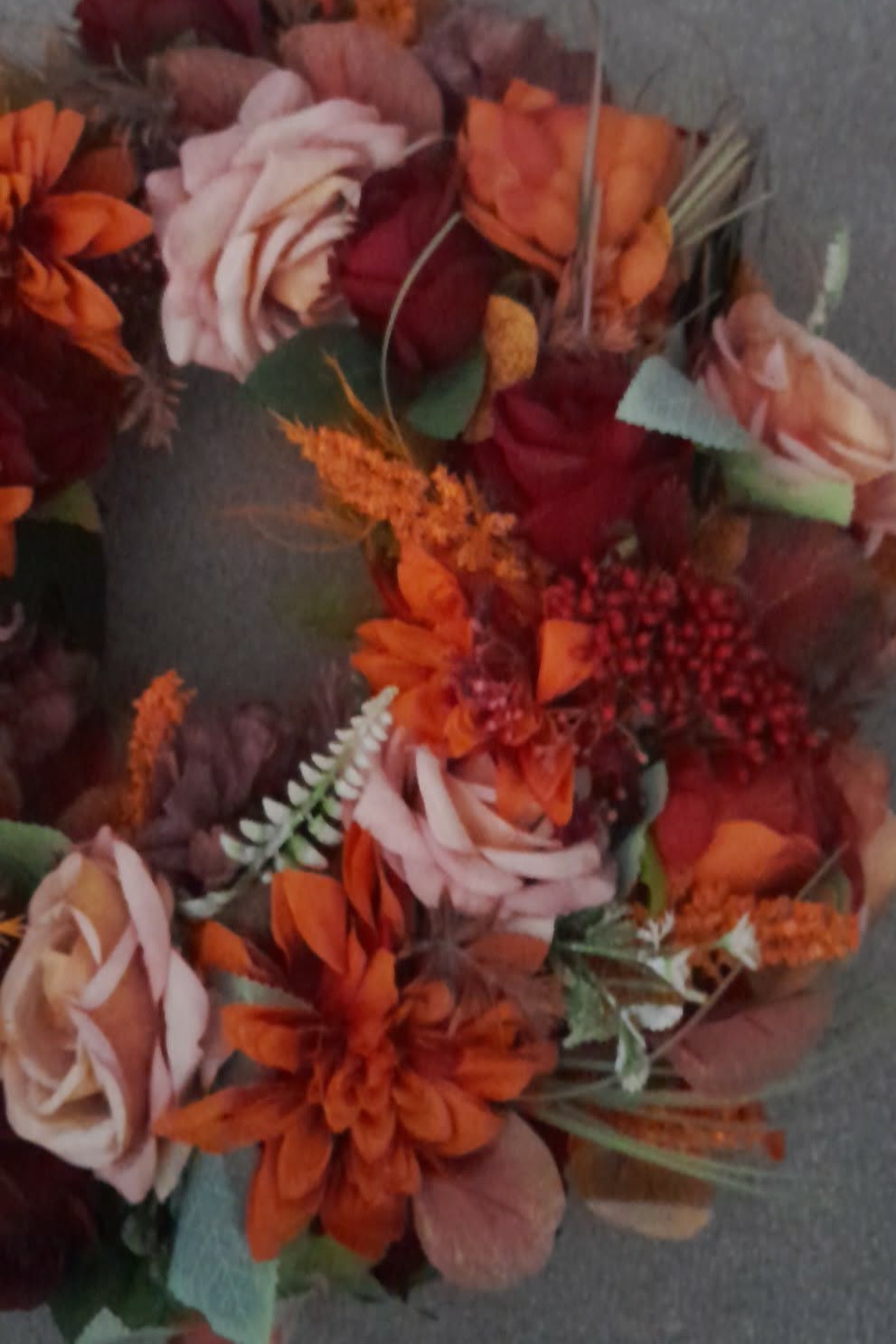 Russet Rose Wreath - close up detail of autumn florals including red berries and blush roses