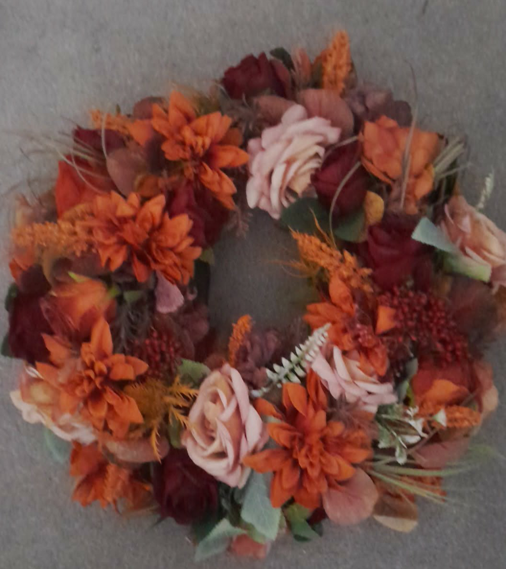 Russet Rose Wreath - full view showing burnt orange dahlias, blush roses, burgundy blooms and sage eucalyptus