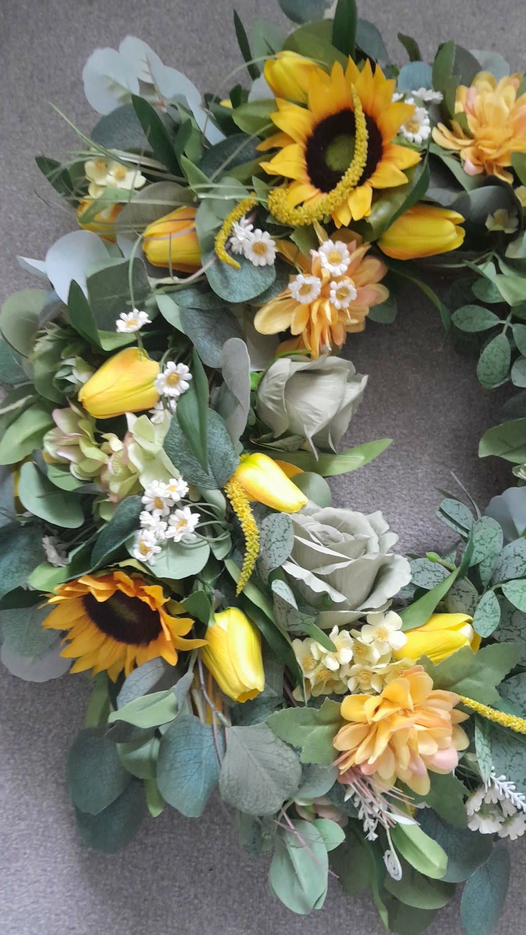 Sunflower Summer Wreath 50cm - full wreath view with sunflowers, tulips, peach dahlias and eucalyptus foliage