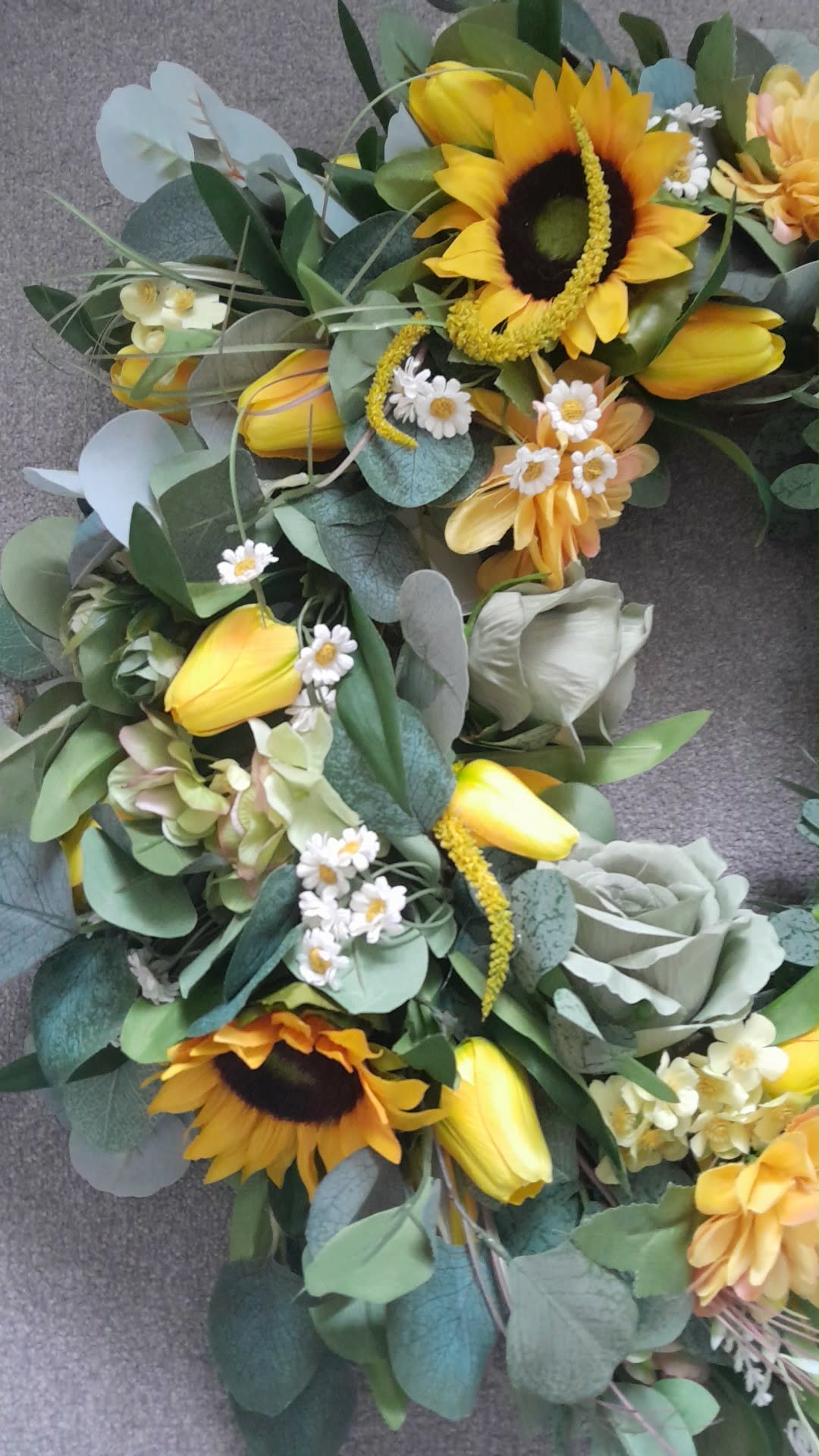 Sunflower Summer Wreath 50cm - close up detail with sunflowers, tulips, sage roses and eucalyptus