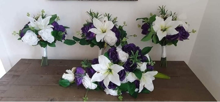 Freya collection – three artificial wedding bouquets with white lilies and purple lisianthus