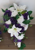 Freya bridal cascade bouquet with white lilies, white roses and deep purple flowers
