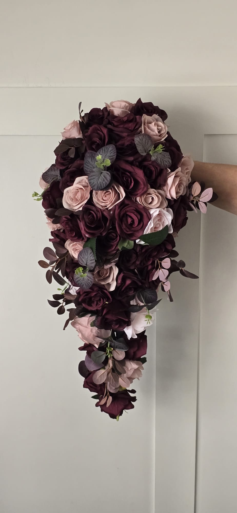 Side view of Aoife XXL cascading bridal bouquet showing depth and fullness of plum and blush rose arrangement