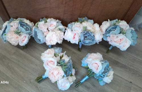 Calliope full wedding flower set - dusty blue and blush bouquets and buttonholes