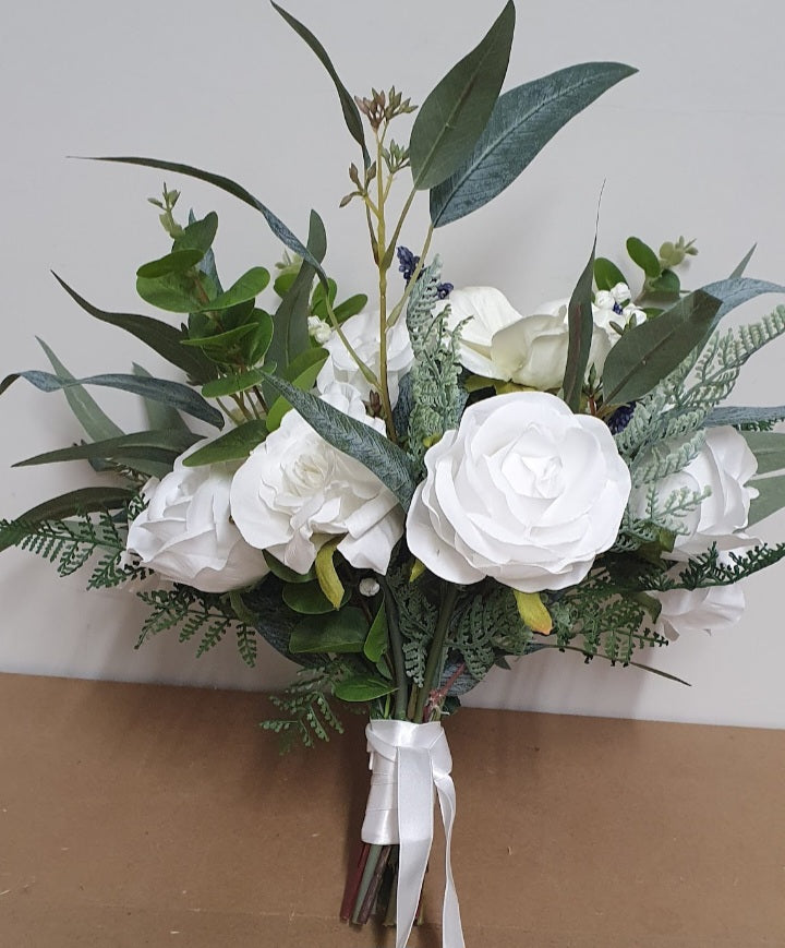 Meliora bridesmaid bouquet - white peonies, roses and sage eucalyptus with white ribbon