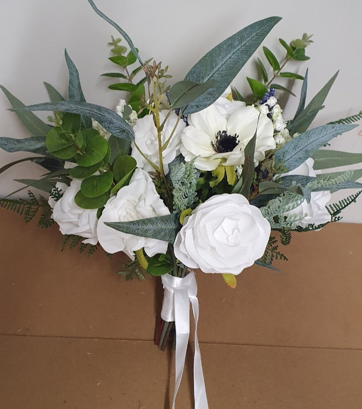 Meliora bouquet with anemone - white peonies, black-centred anemone and sage foliage