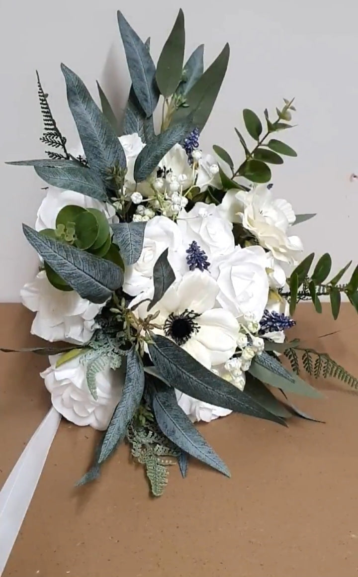 Meliora bridal bouquet - white peonies, anemones and cascading eucalyptus and fern