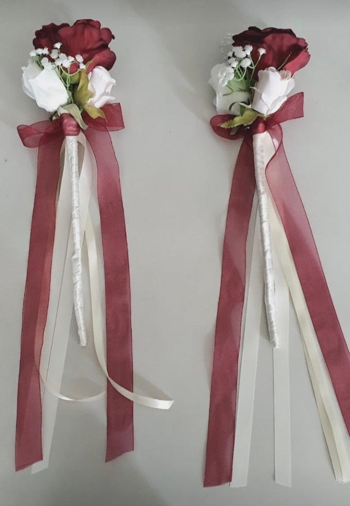 Briseis ribbon wands - burgundy and ivory roses with trailing burgundy and cream ribbons