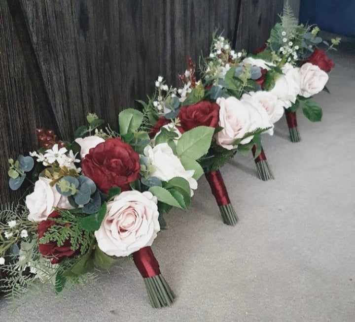 Briseis bridesmaid bouquets - burgundy and blush roses with lush mixed greenery