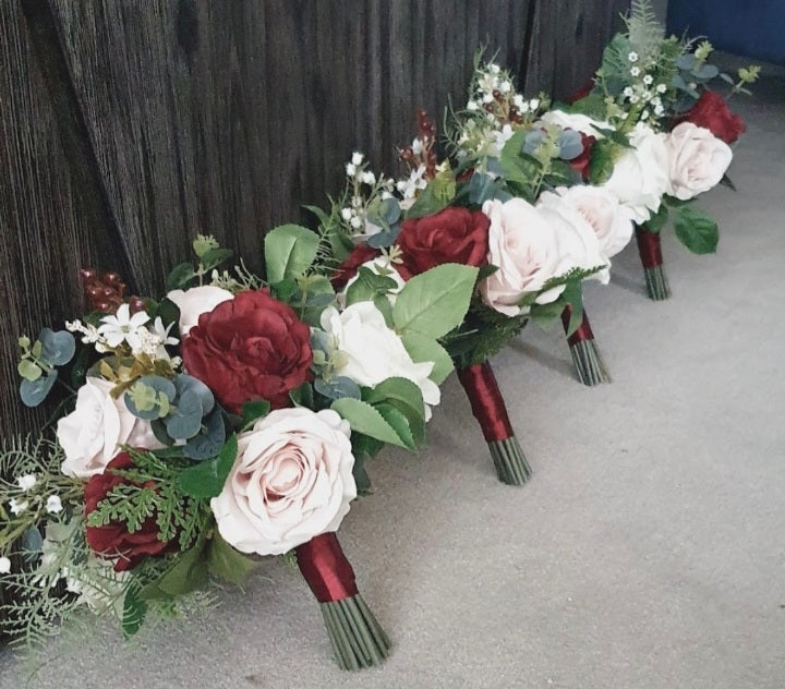 Briseis bridesmaid bouquet set - deep red and blush roses with fern and eucalyptus