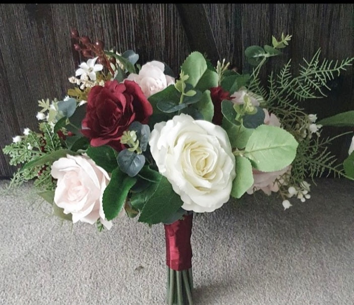 Briseis bridal bouquet close up - burgundy, blush and ivory roses with eucalyptus and wax flower