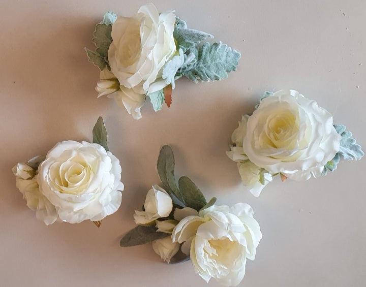 Coralie corsages and hair flowers - ivory roses and peonies with lamb's ear