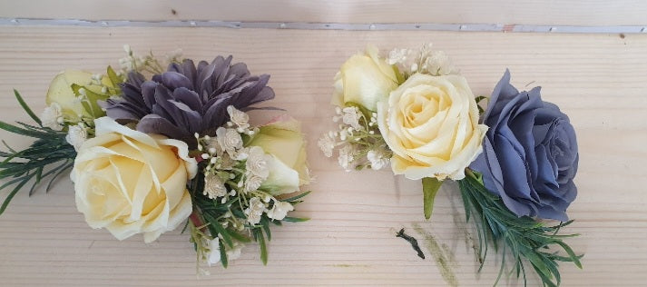 Saoirse corsages and buttonholes - ivory rose, steel blue thistle and eucalyptus