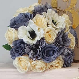 Saoirse bridal bouquet - steel blue peonies and ivory roses with anemones