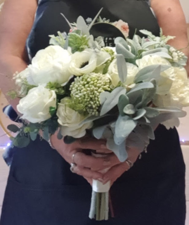 Coralie bridesmaid bouquet - white peonies, anemones and sage lamb's ear