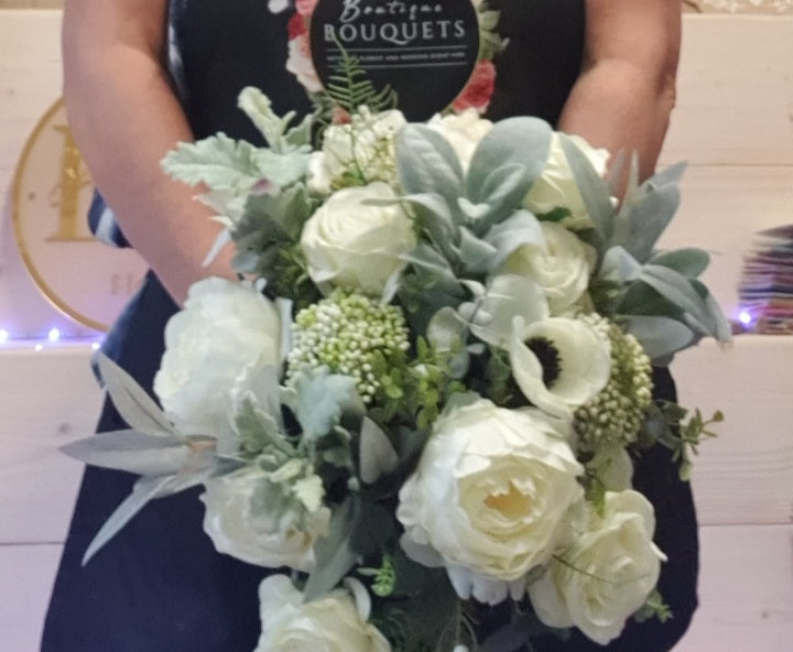 Coralie bridal bouquet full view - ivory roses, peonies and sage eucalyptus