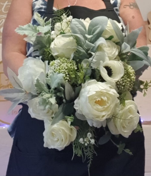 Coralie bridal bouquet - white peonies, garden roses, anemones and cascading sage foliage