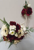 Isadora bridal bouquet and wand - deep crimson roses, ivory peonies, anemones with silver fern and organza ribbon