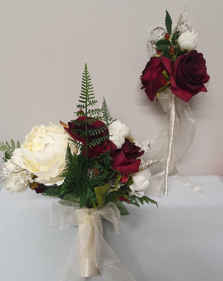 Isadora bridesmaid bouquet and wand - ivory peony, crimson roses with silver fern and organza bow
