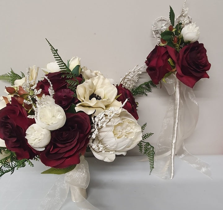 Isadora bouquet and wand set - crimson roses, ivory peonies and anemones with silver crystal sprays