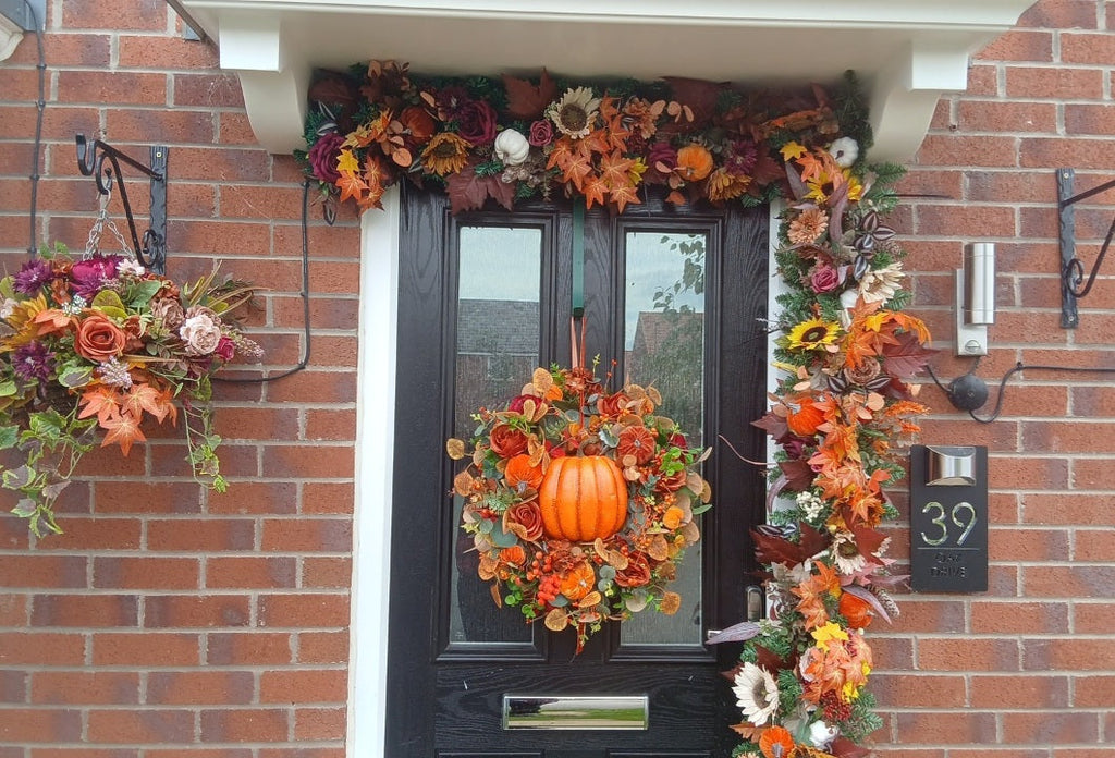 Autumn pumpkin wreath close up