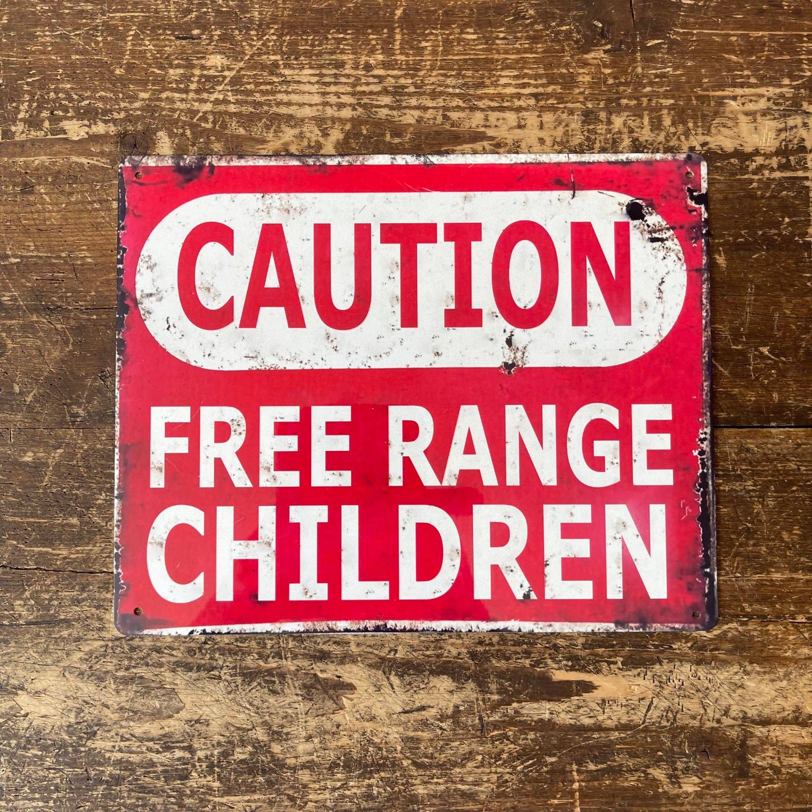 Vintage Metal Sign - Caution Free Range Children Wall Sign: Red/White
