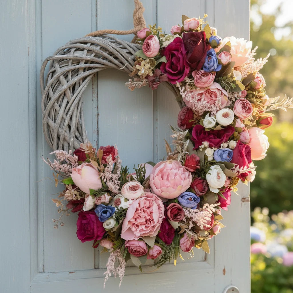 30cm dicker Korbflechtkranz Frühlings-Sommer-Kranz - 35cm Basis, 50cm gesamt mit Blumen