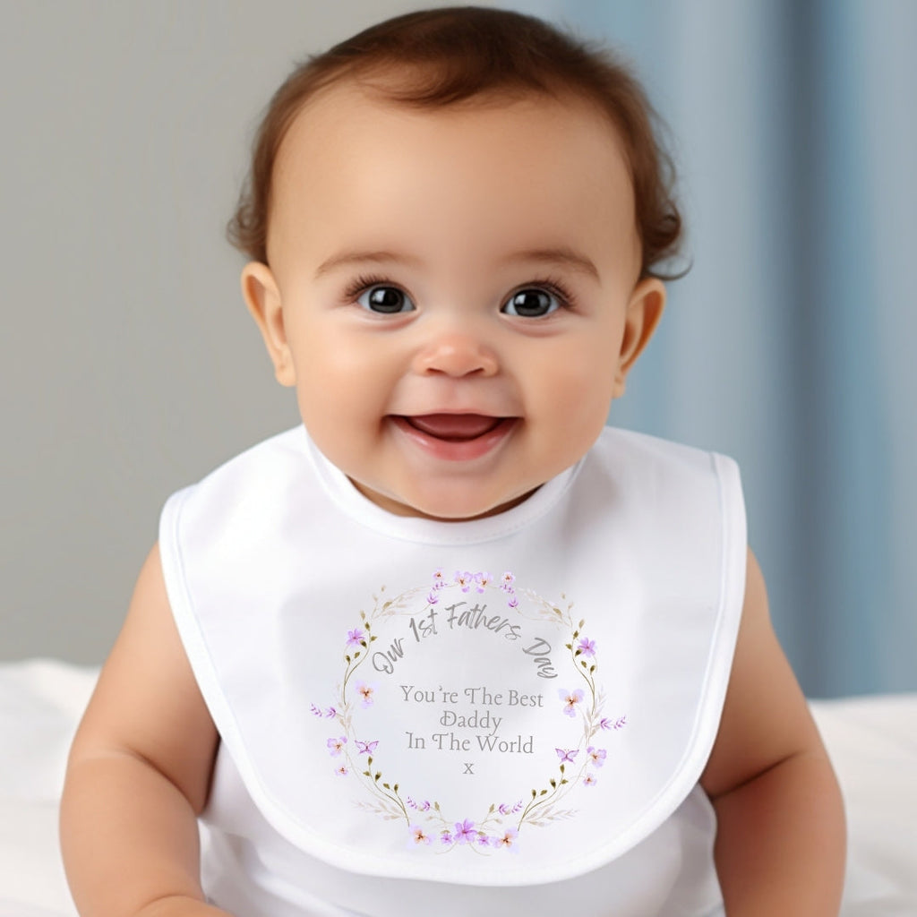 Our 1st Fathers Day Pretty Flowers Baby Outfit: Bib, Vest, Baby Grow