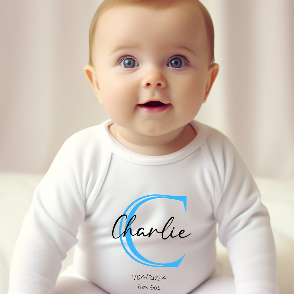 Personalised Blue Initial Baby Outfit: Bib, Vest, Grow
