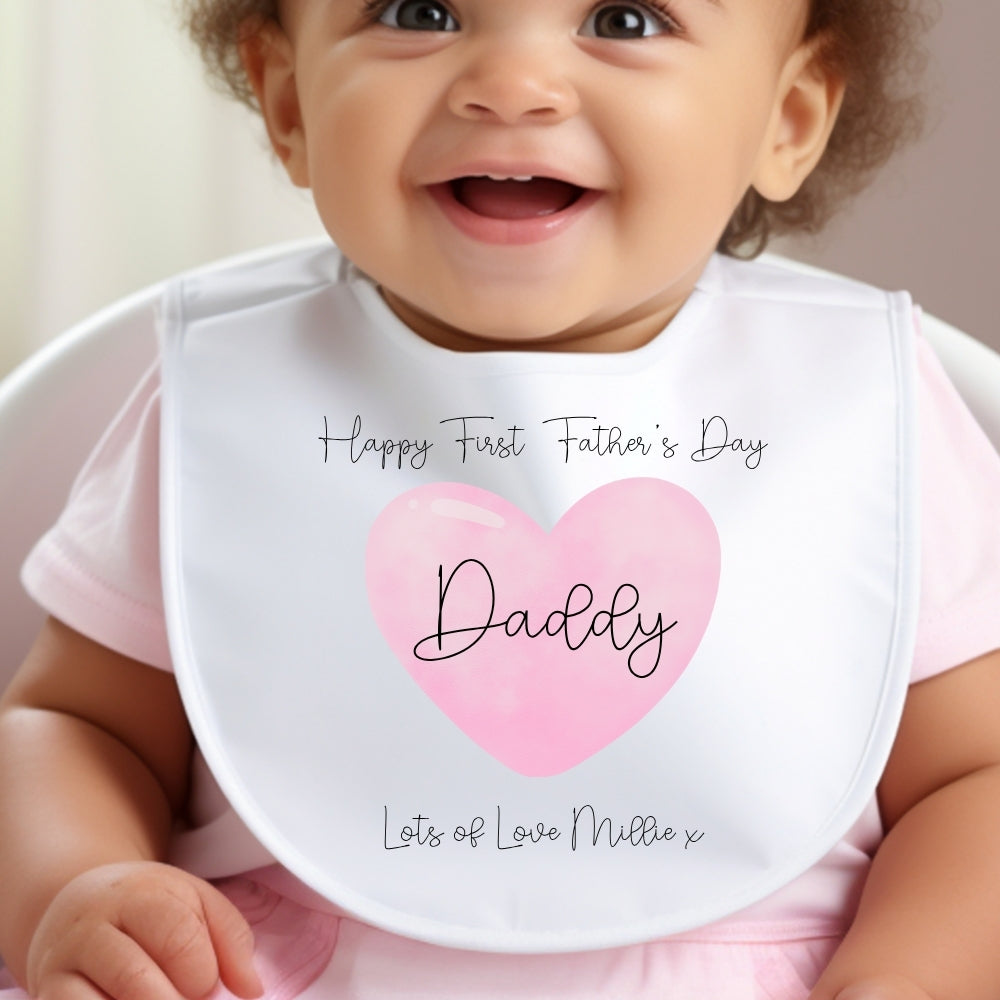 Personalised Pink 1st Fathers Day Baby Outfit: Bib, Vest, Baby Grow