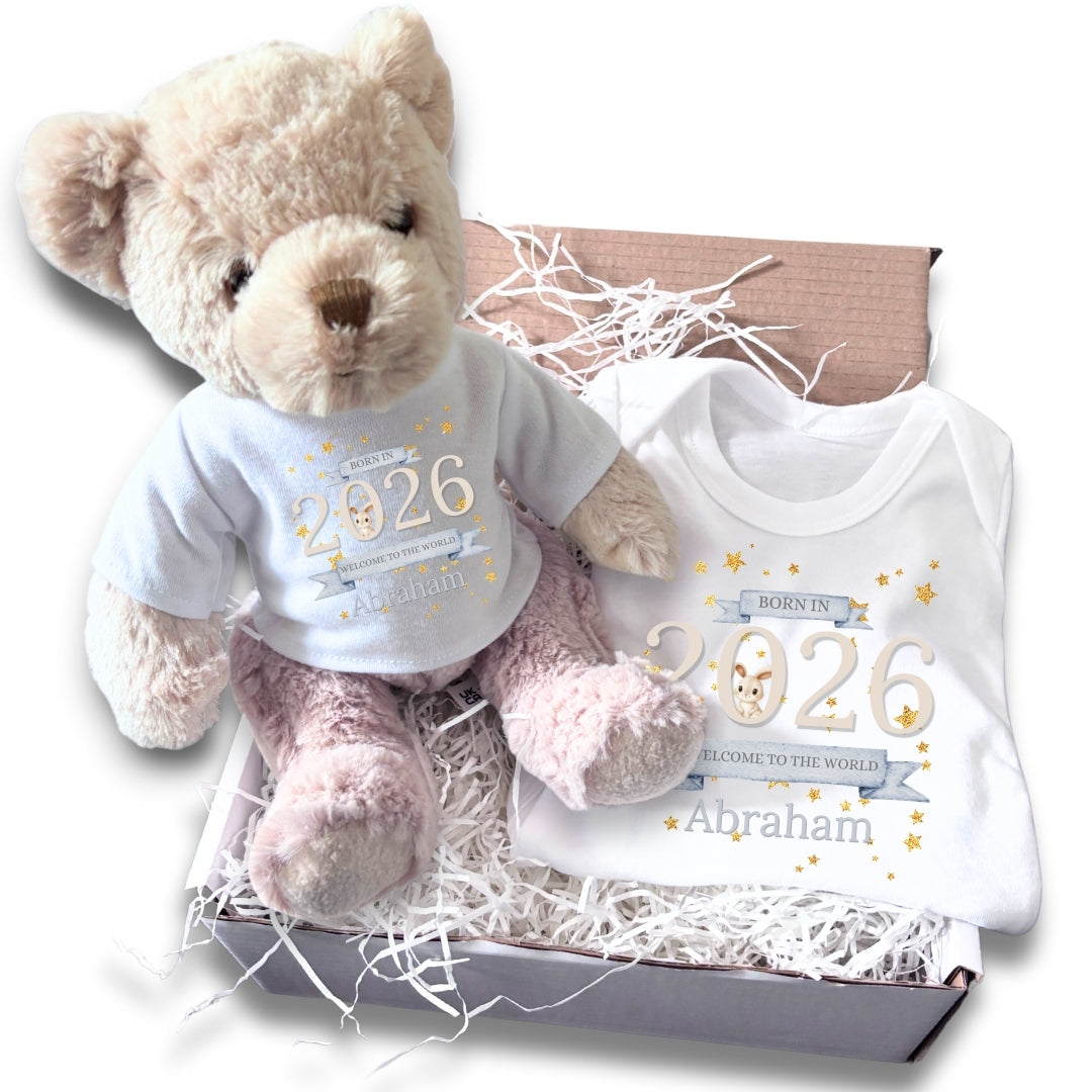 Personalised Welcome to the World 2026 Gift Hamper - Teddy & Baby Vest