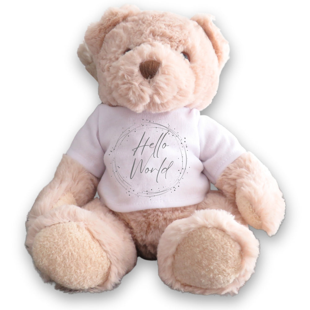 Personalised Luxury Teddy Bear with Hello World Silver Circle T-Shirt