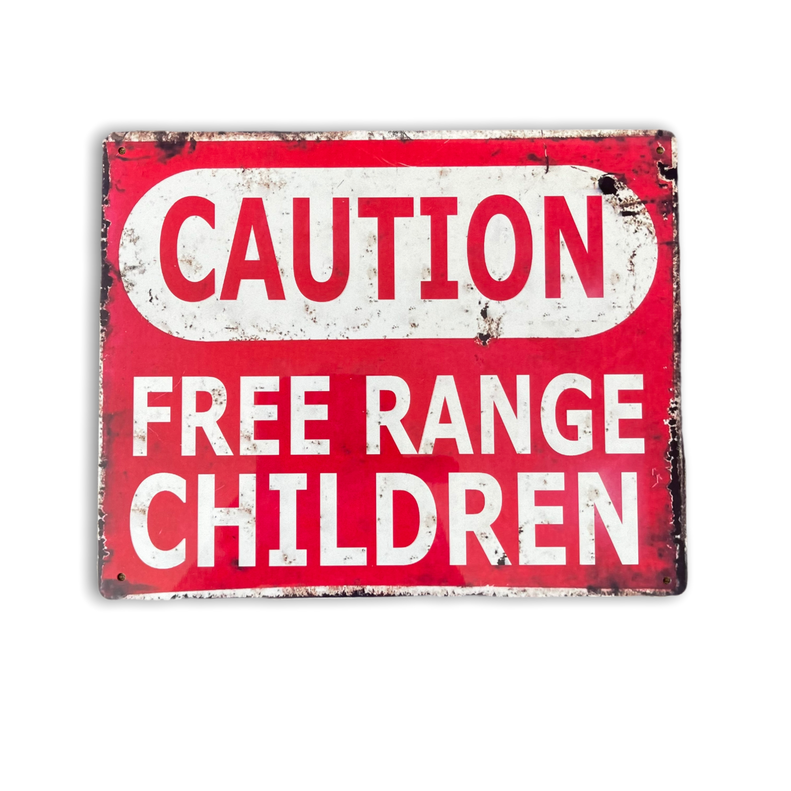 Vintage Metal Sign - Caution Free Range Children Wall Sign: Red/White