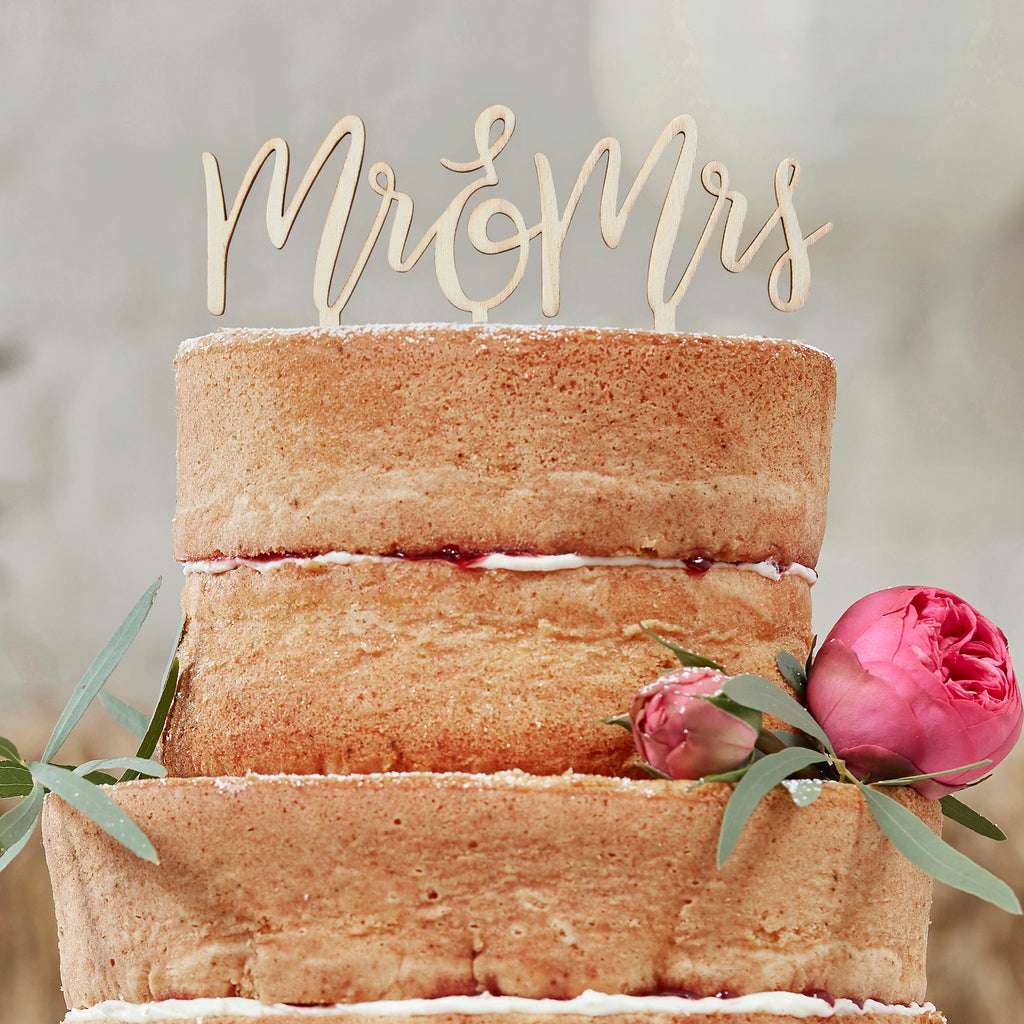 Wooden Mr and Mrs Wedding Cake Topper- 10 Inner Pack