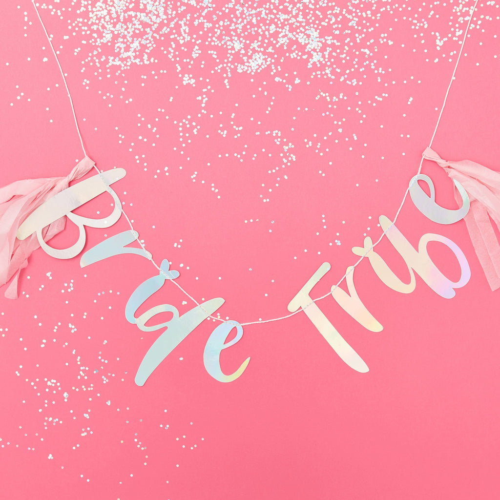 Bannière de fête prénuptiale irisée « Bride Tribe » – Lot de 5