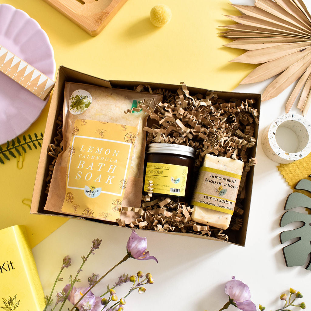 Lemon Sorbet At Home Spa Set | Natural Bath & Body Gift | Citrus Self-Care Kit | Vegan, Plastic-Free Relaxation
