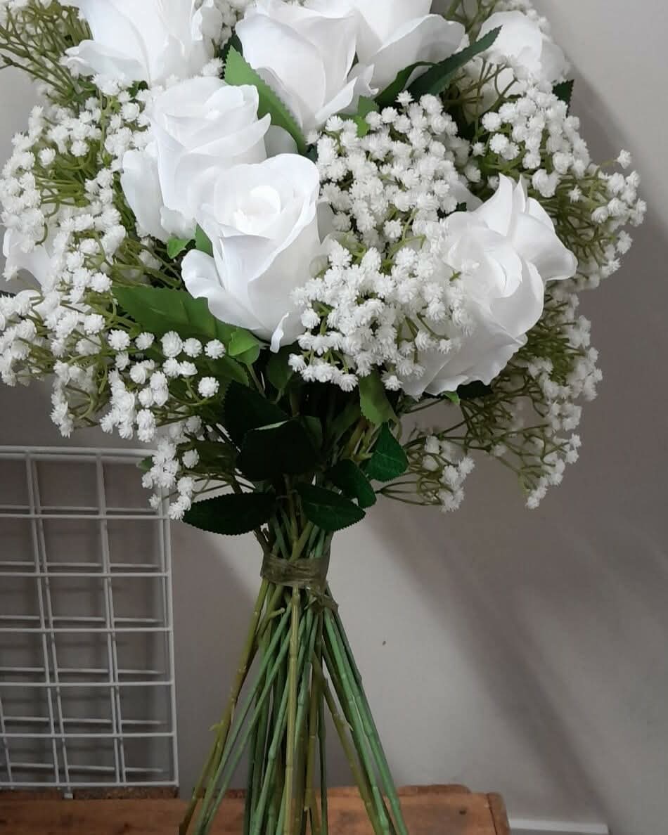 Ottilie bridesmaid bouquet set - white roses and gypsophila with trailing white satin ribbons
