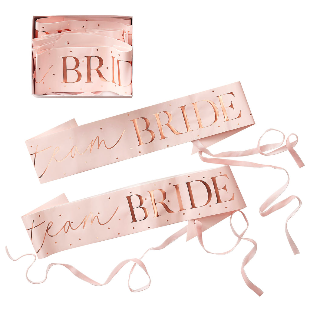 Pink and Rose Gold Team Bride Hen Party Sashes 6 Pack- 5 Inner Pack